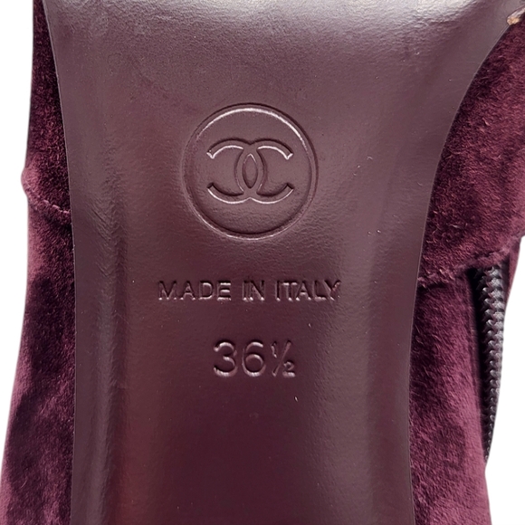 CHANEL CC Logo Cap Toe Suede Boots Double Stack Chain Burgundy 36.5 G36655 - Picture 12 of 16